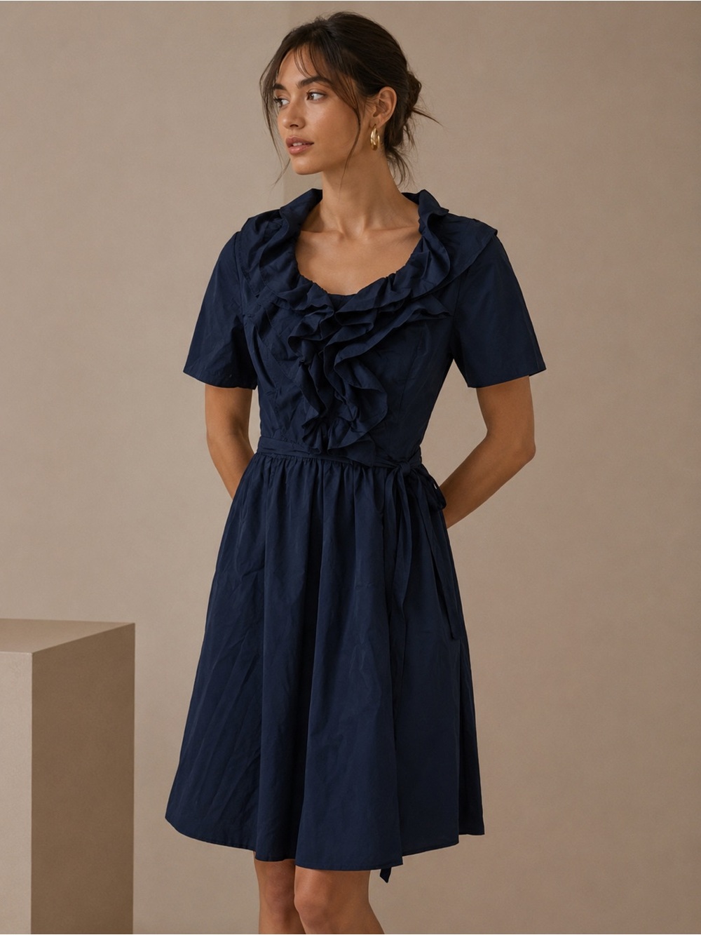 eShakti Navy Blue Ruffled Short-Sleeve Wrap Dress Size Large